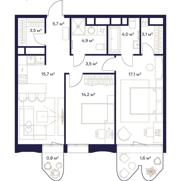 2-BD Apartment Sale, 74.1平方米 at Soyuz, Selskokhozyaystvennaya Street, Moscow, Russia #2