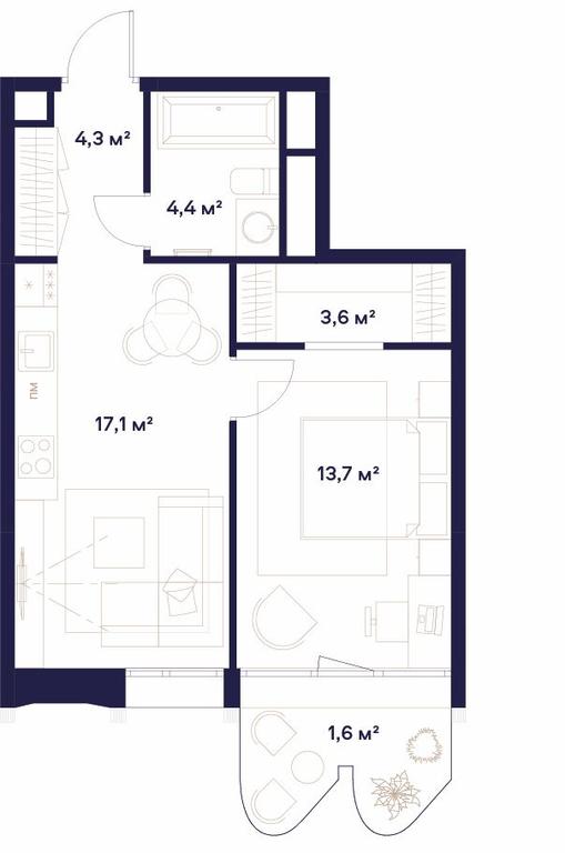 1-BD Apartment Sale, 44.7平方米 at Soyuz, Selskokhozyaystvennaya Street, Moscow, Russia #1