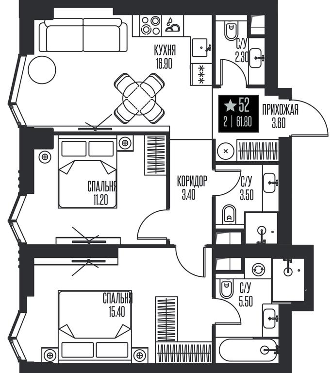 2-BD Apartment Sale, 61.8平方米 at Ice Towers, State Nature Reserve of Regional Significance Forest on the Samorodinka River, Moscow, Russia #1