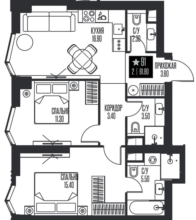 2-BD Apartment Sale, 61.9平方米 at Ice Towers, State Nature Reserve of Regional Significance Forest on the Samorodinka River, Moscow, Russia #1
