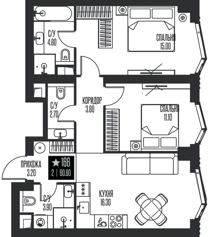 2-BD Apartment Sale, 60.8平方米 at Ice Towers, State Nature Reserve of Regional Significance Forest on the Samorodinka River, Moscow, Russia #1
