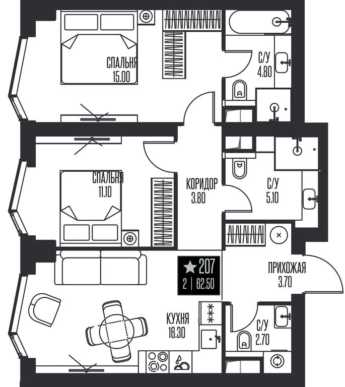 2-BD Apartment Sale, 62.5平方米 at Ice Towers, State Nature Reserve of Regional Significance Forest on the Samorodinka River, Moscow, Russia #1
