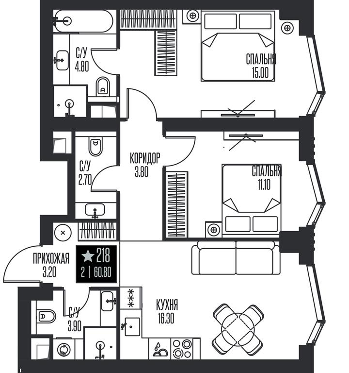 2-BD Apartment Sale, 60.8平方米 at Ice Towers, State Nature Reserve of Regional Significance Forest on the Samorodinka River, Moscow, Russia #1