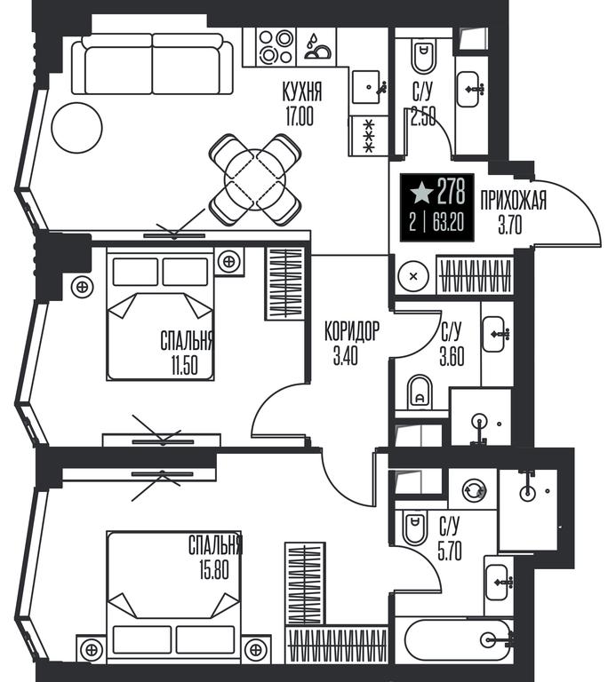 2-BD Apartment Sale, 63.2 sq. m. at Ice Towers, State Nature Reserve of Regional Significance Forest on the Samorodinka River, Moscow, Russia #1