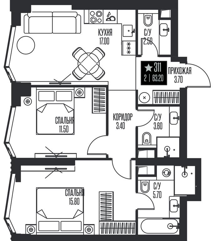 2-BD Apartment Sale, 63.2 sq. m. at Ice Towers, State Nature Reserve of Regional Significance Forest on the Samorodinka River, Moscow, Russia #1