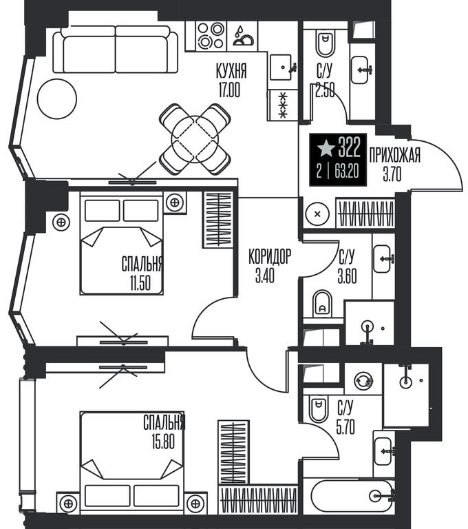 2-BD Apartment Sale, 63.2 sq. m. at Ice Towers, State Nature Reserve of Regional Significance Forest on the Samorodinka River, Moscow, Russia #1