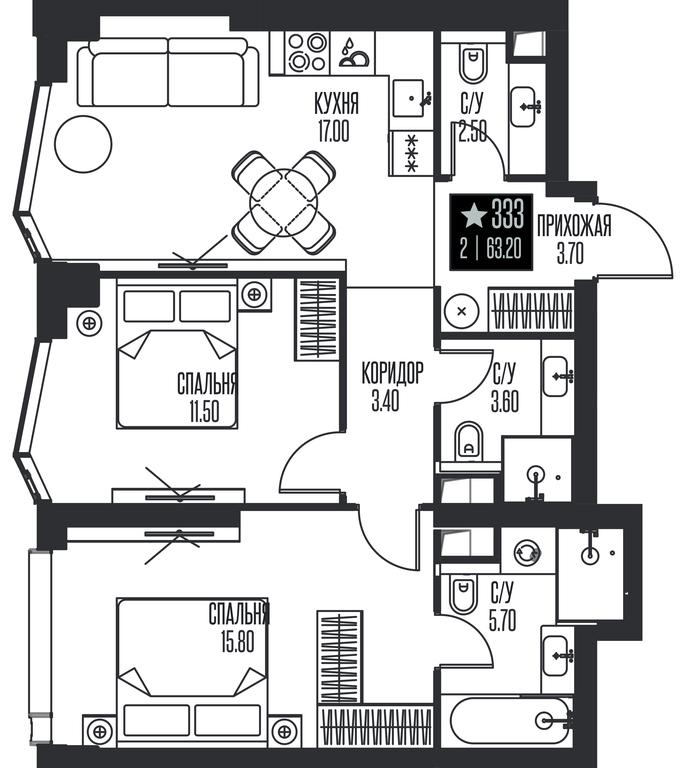 2-BD Apartment Sale, 63.2平方米 at Ice Towers, State Nature Reserve of Regional Significance Forest on the Samorodinka River, Moscow, Russia #1