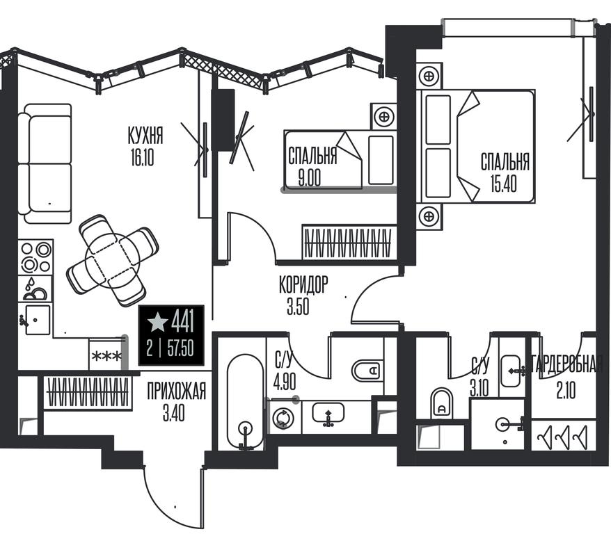 2-BD Apartment Sale, 57.5 sq. m. at Ice Towers, State Nature Reserve of Regional Significance Forest on the Samorodinka River, Moscow, Russia #1