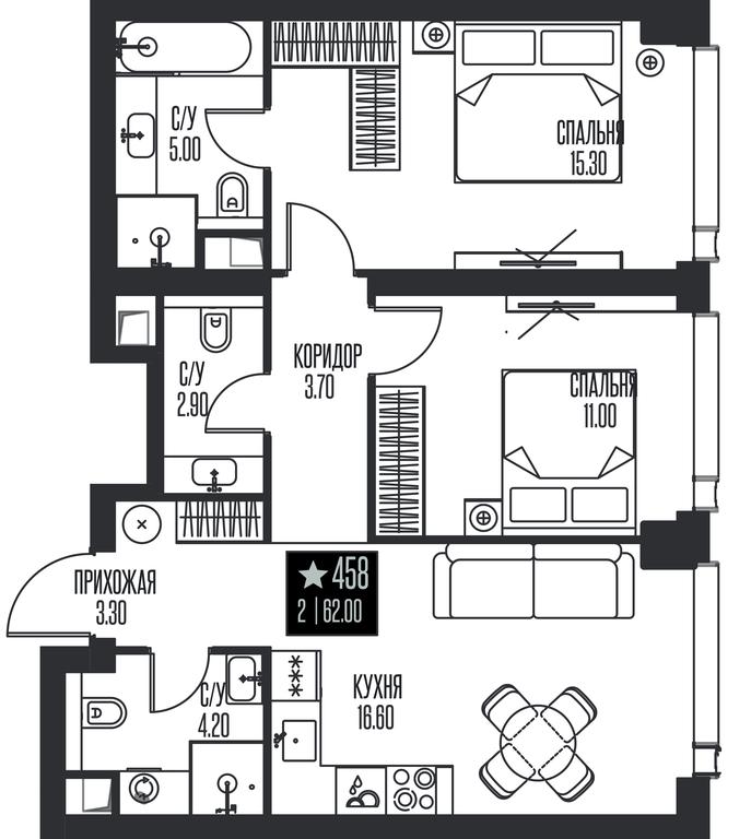 2-BD Apartment Sale, 62平方米 at Ice Towers, State Nature Reserve of Regional Significance Forest on the Samorodinka River, Moscow, Russia #1