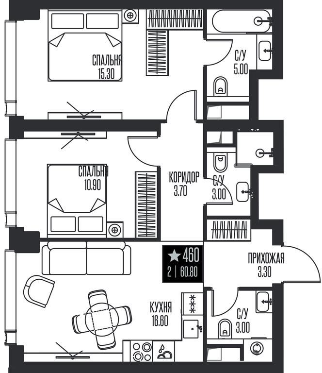 2-BD Apartment Sale, 60.8 sq. m. at Ice Towers, State Nature Reserve of Regional Significance Forest on the Samorodinka River, Moscow, Russia #1