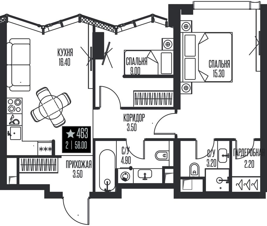 2-BD Apartment Sale, 58 sq. m. at Ice Towers, State Nature Reserve of Regional Significance Forest on the Samorodinka River, Moscow, Russia #1