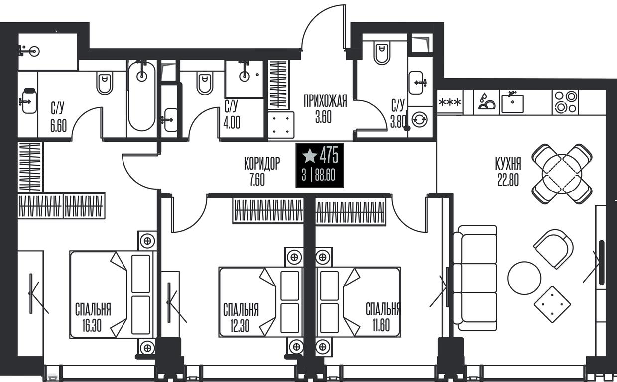 3-BD Apartment Sale, 88.6平方米 at Ice Towers, State Nature Reserve of Regional Significance Forest on the Samorodinka River, Moscow, Russia #1