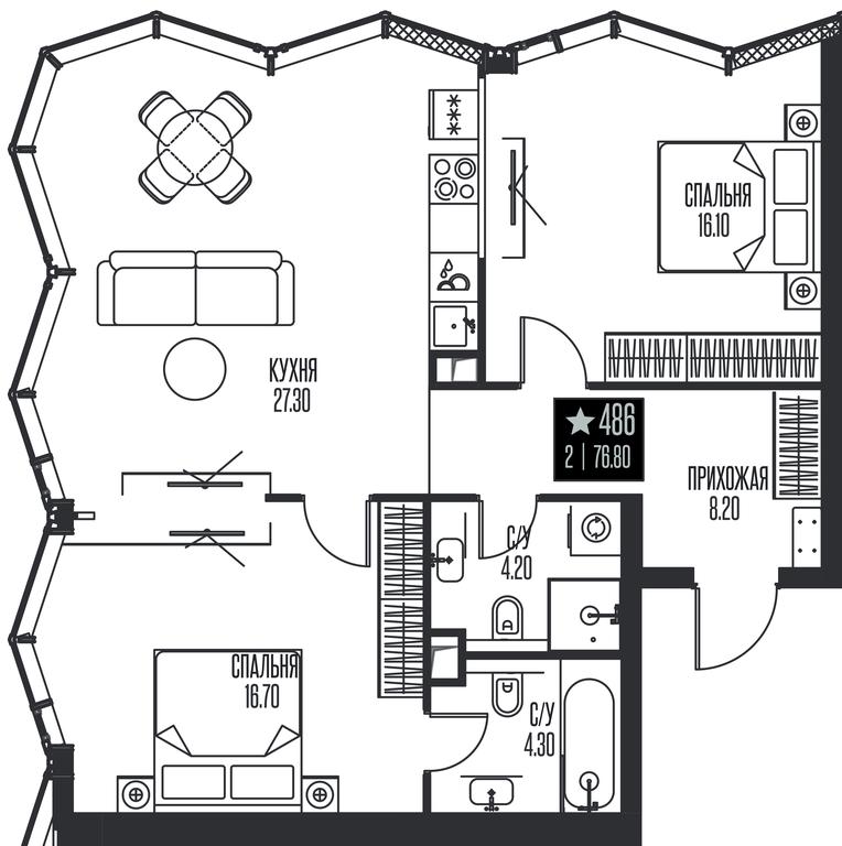 2-BD Apartment Sale, 76.8 sq. m. at Ice Towers, State Nature Reserve of Regional Significance Forest on the Samorodinka River, Moscow, Russia #1