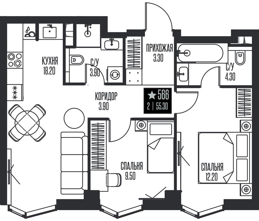 2-BD Apartment Sale, 55.3平方米 at Ice Towers, State Nature Reserve of Regional Significance Forest on the Samorodinka River, Moscow, Russia #1