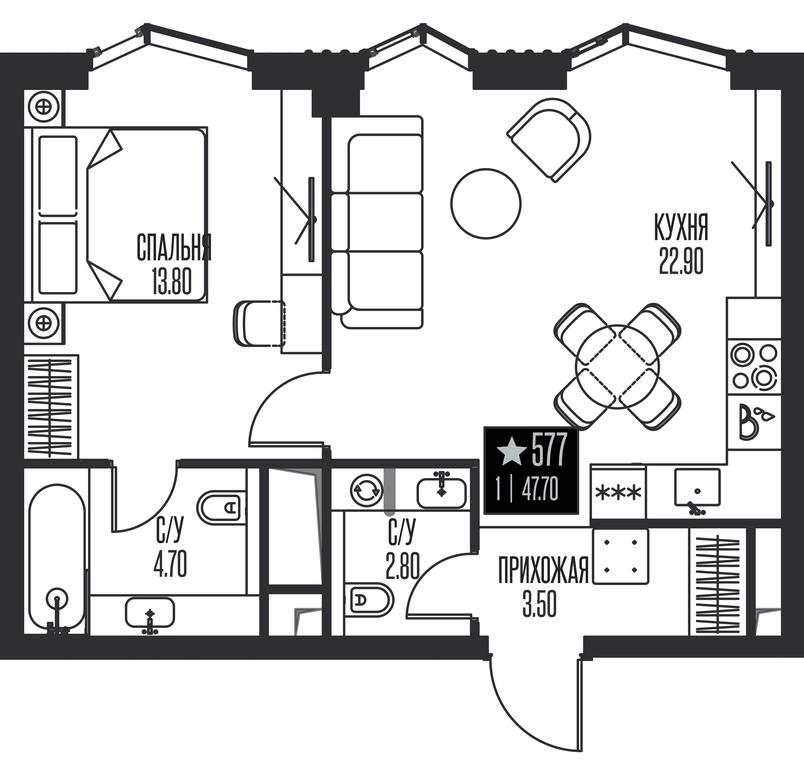 1-BD Apartment Sale, 47.7 sq. m. at Ice Towers, State Nature Reserve of Regional Significance Forest on the Samorodinka River, Moscow, Russia #1