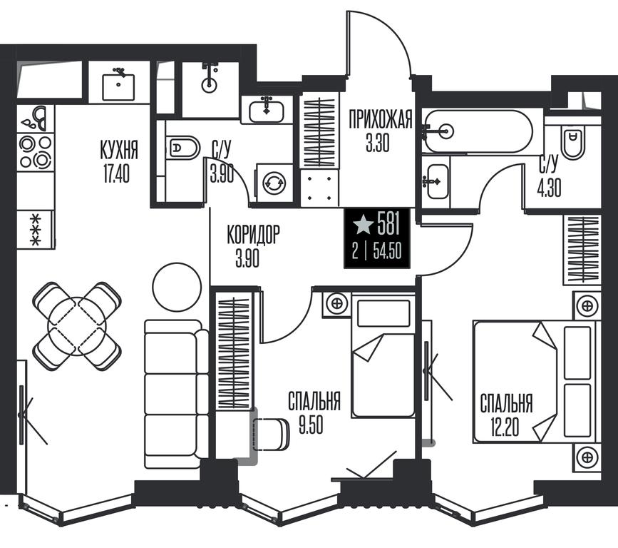 2-BD Apartment Sale, 54.5平方米 at Ice Towers, State Nature Reserve of Regional Significance Forest on the Samorodinka River, Moscow, Russia #1