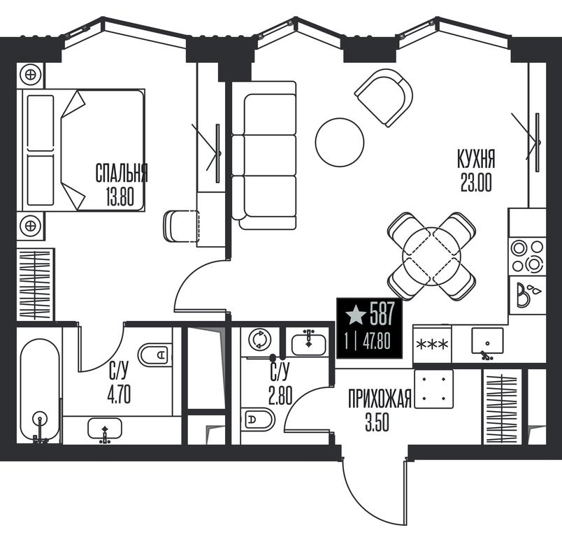 1-BD Apartment Sale, 47.8 sq. m. at Ice Towers, State Nature Reserve of Regional Significance Forest on the Samorodinka River, Moscow, Russia #1