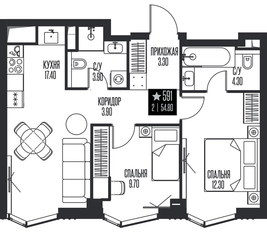 2-BD Apartment Sale, 54.8 sq. m. at Ice Towers, State Nature Reserve of Regional Significance Forest on the Samorodinka River, Moscow, Russia #1