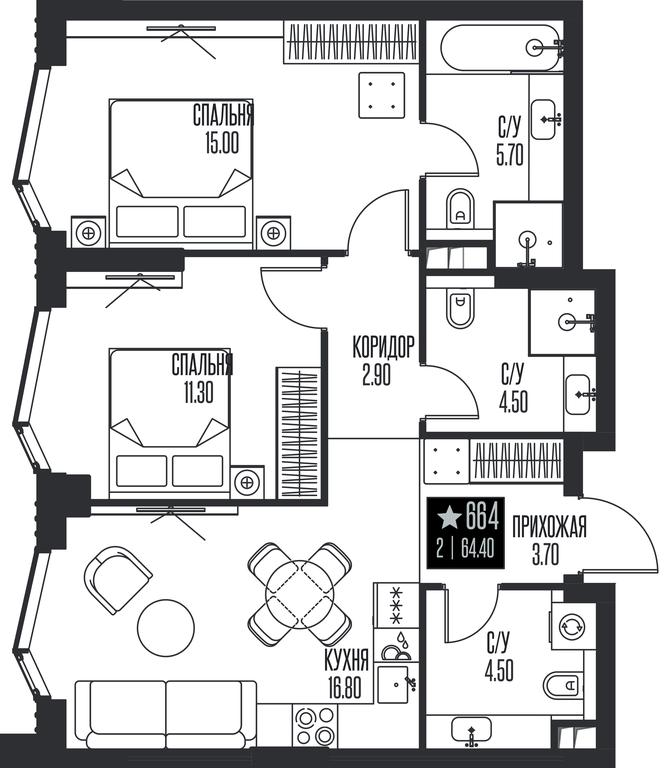 2-BD Apartment Sale, 64.4平方米 at Ice Towers, State Nature Reserve of Regional Significance Forest on the Samorodinka River, Moscow, Russia #1