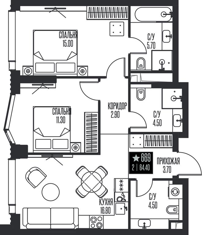 2-BD Apartment Sale, 64.4平方米 at Ice Towers, State Nature Reserve of Regional Significance Forest on the Samorodinka River, Moscow, Russia #1
