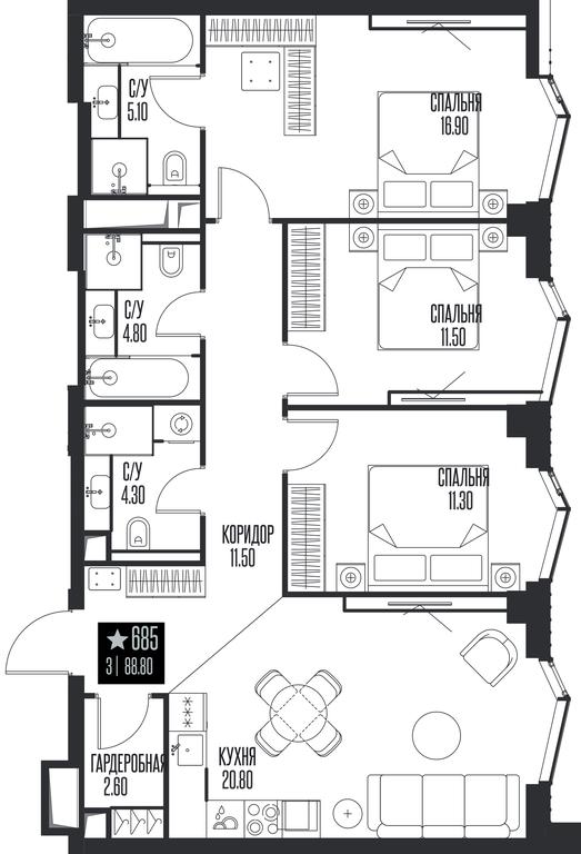 3-BD Apartment Sale, 88.8平方米 at Ice Towers, State Nature Reserve of Regional Significance Forest on the Samorodinka River, Moscow, Russia #1