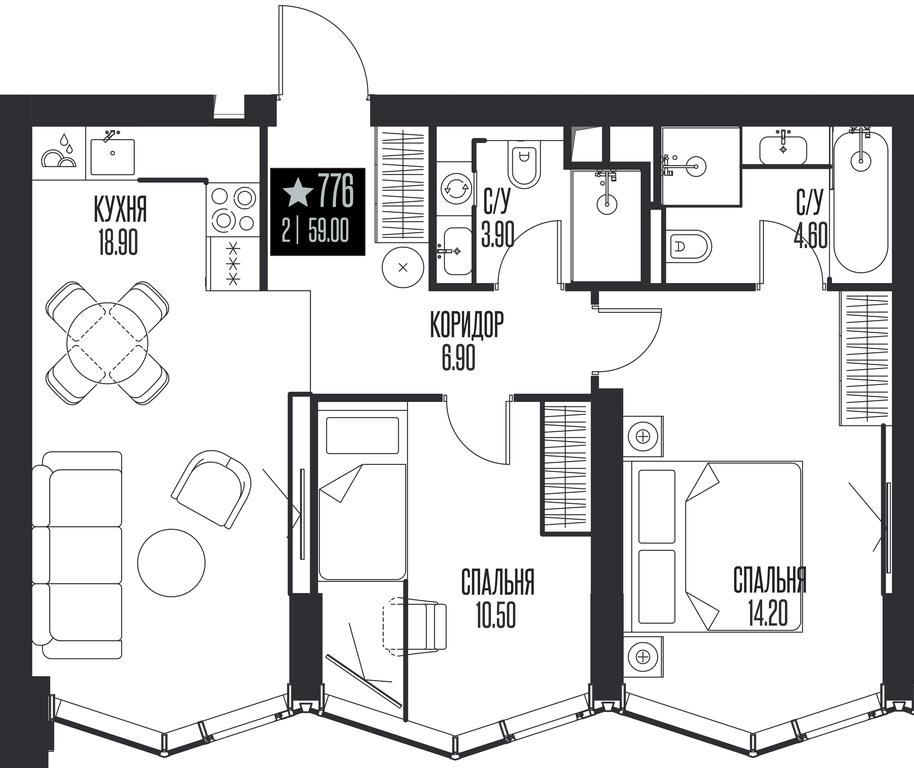 2-BD Apartment Sale, 59 sq. m. at Ice Towers, State Nature Reserve of Regional Significance Forest on the Samorodinka River, Moscow, Russia #1