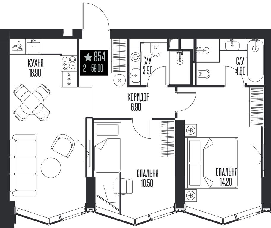 2-BD Apartment Sale, 59 sq. m. at Ice Towers, State Nature Reserve of Regional Significance Forest on the Samorodinka River, Moscow, Russia #1