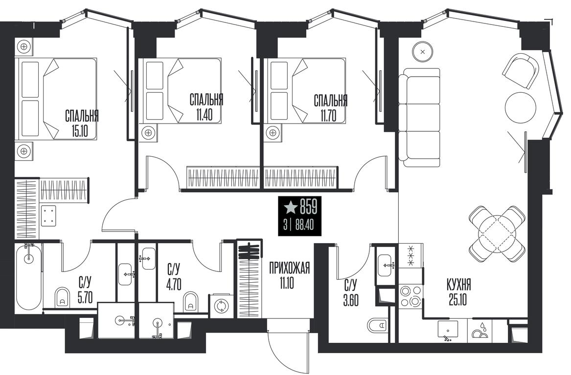 3-BD Apartment Sale, 88.4 sq. m. at Ice Towers, State Nature Reserve of Regional Significance Forest on the Samorodinka River, Moscow, Russia #1