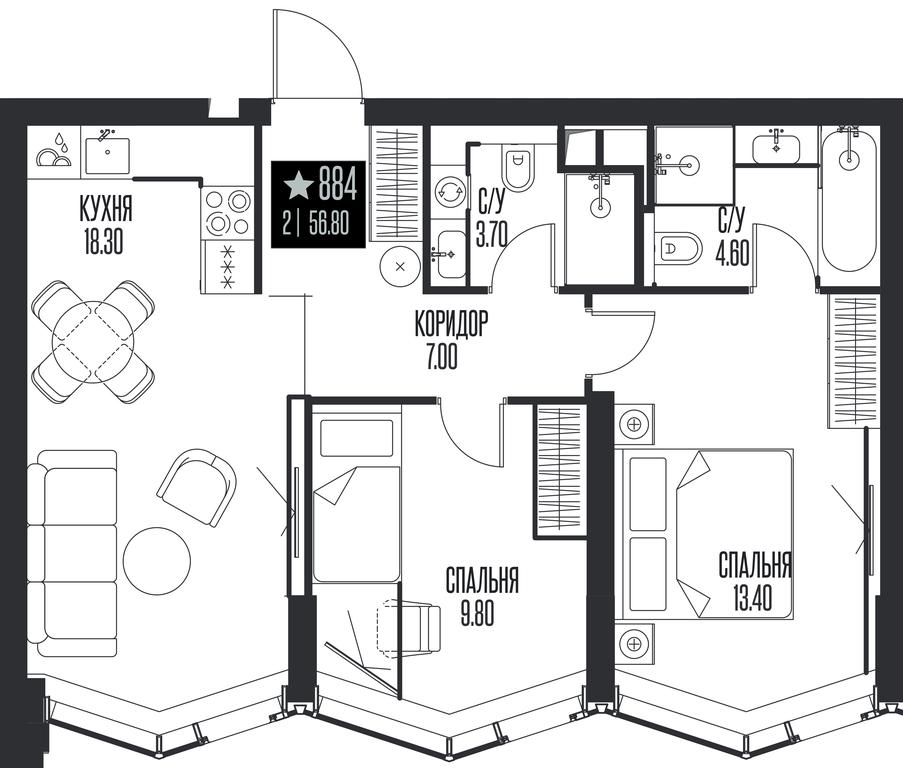 2-BD Apartment Sale, 56.8 sq. m. at Ice Towers, State Nature Reserve of Regional Significance Forest on the Samorodinka River, Moscow, Russia #1