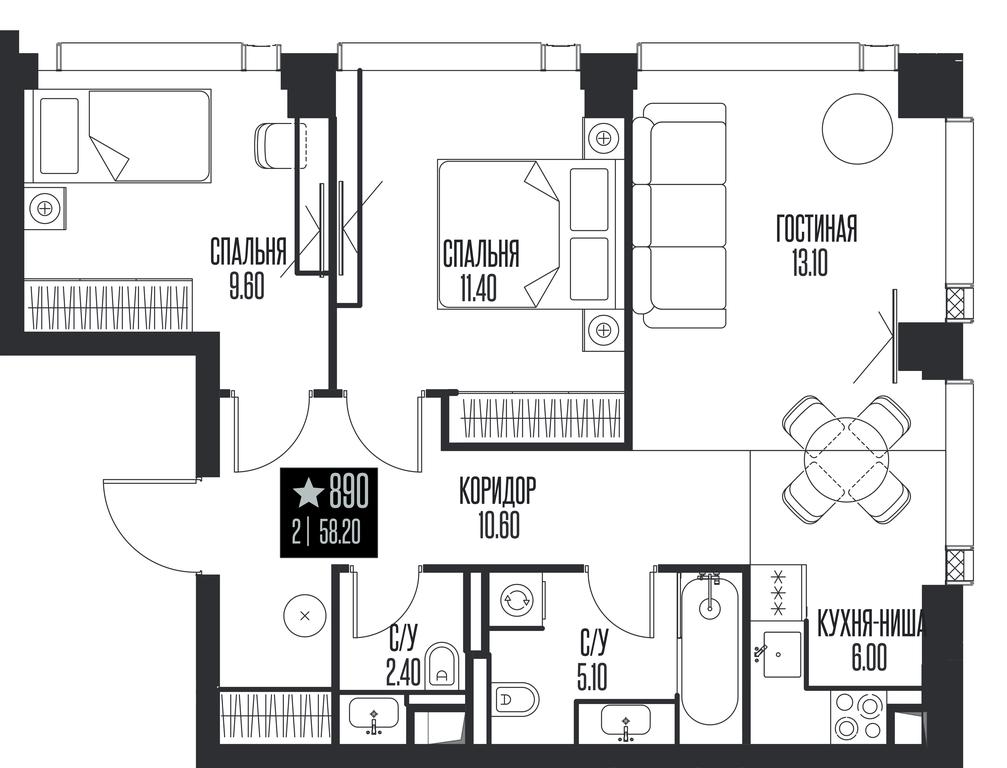 2-BD Apartment Sale, 58.2 sq. m. at Ice Towers, State Nature Reserve of Regional Significance Forest on the Samorodinka River, Moscow, Russia #1