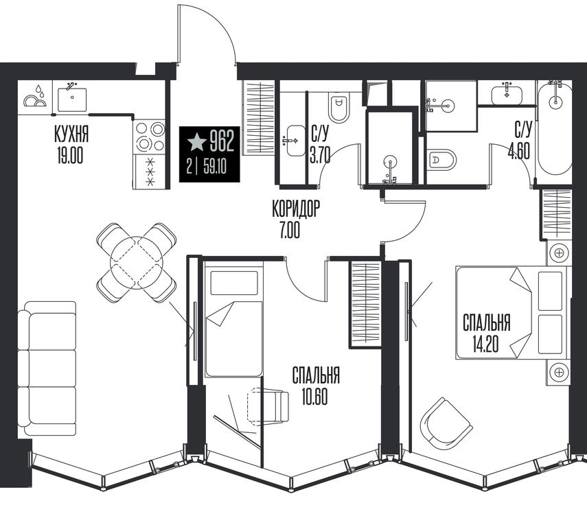 2-BD Apartment Sale, 59.1平方米 at Ice Towers, State Nature Reserve of Regional Significance Forest on the Samorodinka River, Moscow, Russia #1