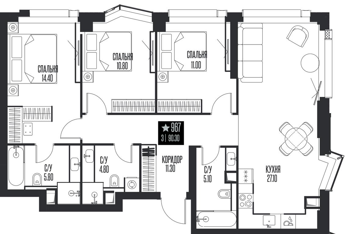 3-BD Apartment Sale, 90.3平方米 at Ice Towers, State Nature Reserve of Regional Significance Forest on the Samorodinka River, Moscow, Russia #1