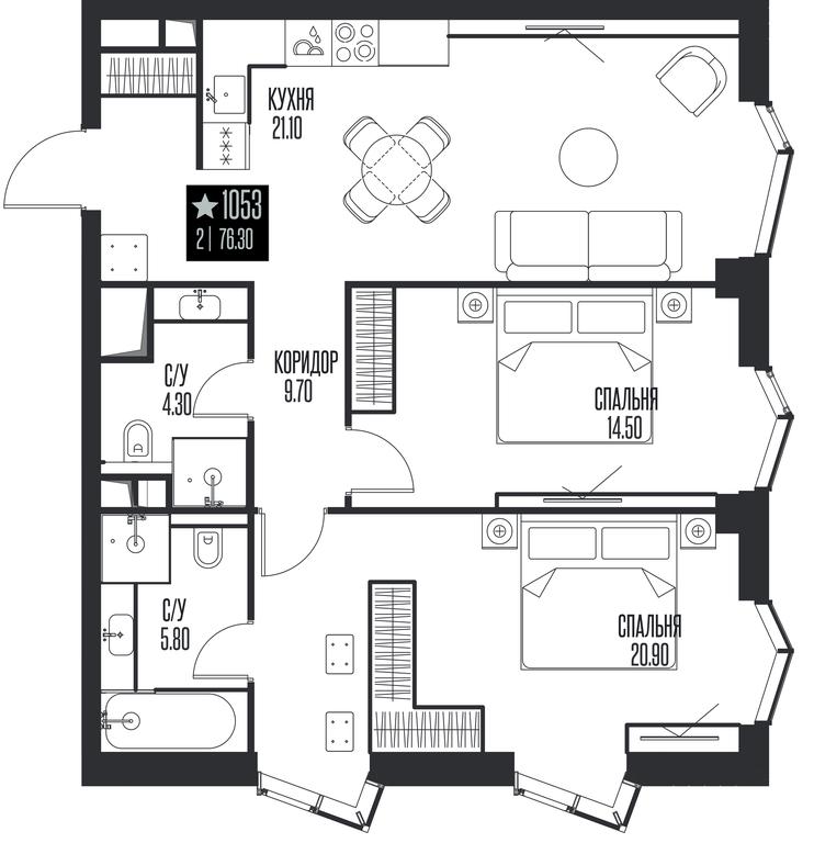2-BD Apartment Sale, 76.3平方米 at Ice Towers, State Nature Reserve of Regional Significance Forest on the Samorodinka River, Moscow, Russia #1