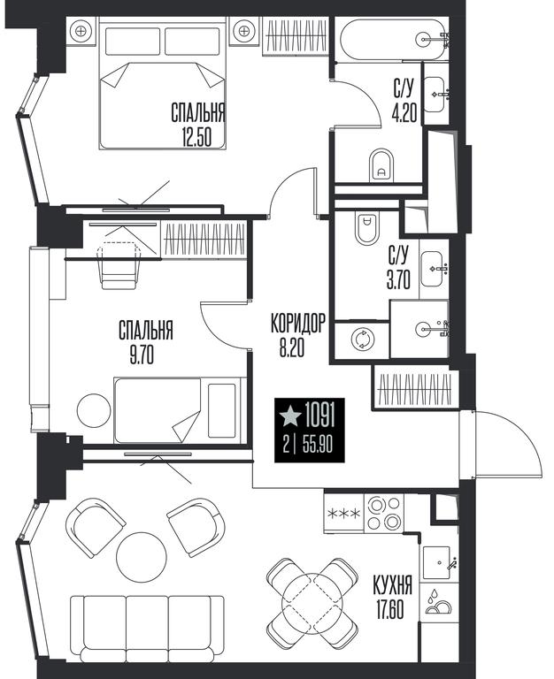 2-BD Apartment Sale, 55.9 sq. m. at Ice Towers, State Nature Reserve of Regional Significance Forest on the Samorodinka River, Moscow, Russia #1