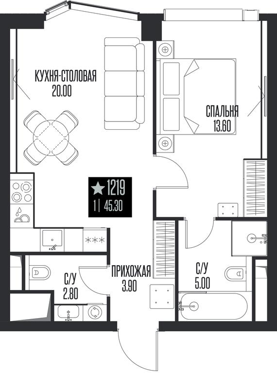 1-BD Apartment Sale, 45.3平方米 at Ice Towers, State Nature Reserve of Regional Significance Forest on the Samorodinka River, Moscow, Russia #1