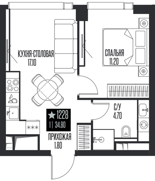1-BD Apartment Sale, 34.8平方米 at Ice Towers, State Nature Reserve of Regional Significance Forest on the Samorodinka River, Moscow, Russia #1
