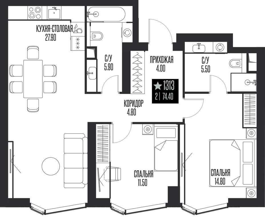 2-BD Apartment Sale, 74.4 sq. m. at Ice Towers, State Nature Reserve of Regional Significance Forest on the Samorodinka River, Moscow, Russia #1
