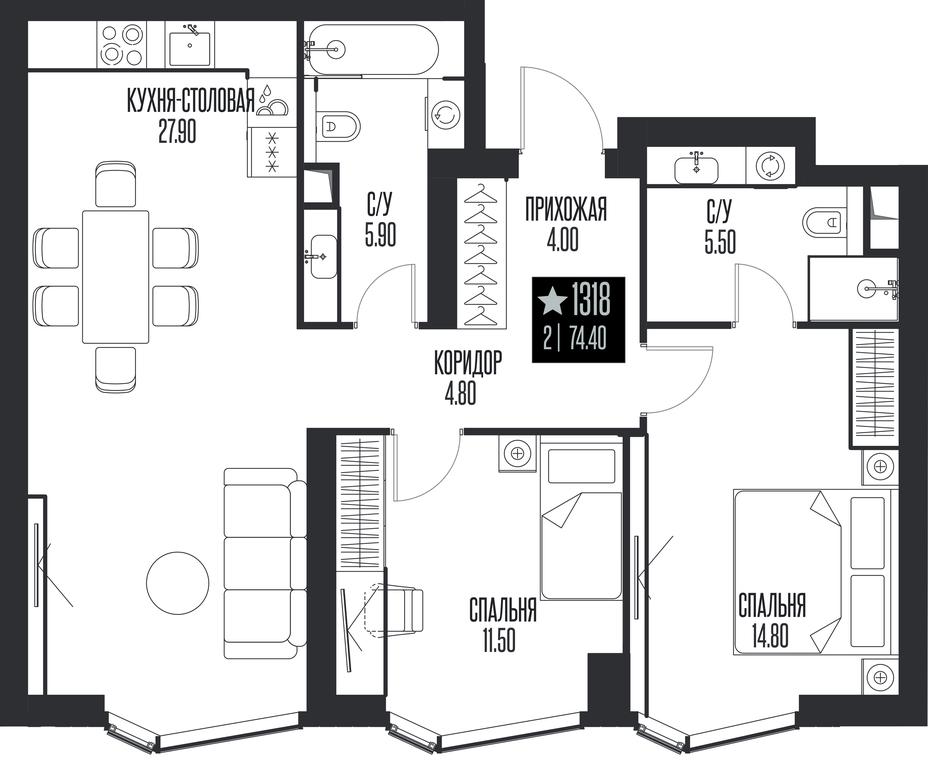 2-BD Apartment Sale, 74.4 sq. m. at Ice Towers, State Nature Reserve of Regional Significance Forest on the Samorodinka River, Moscow, Russia #1