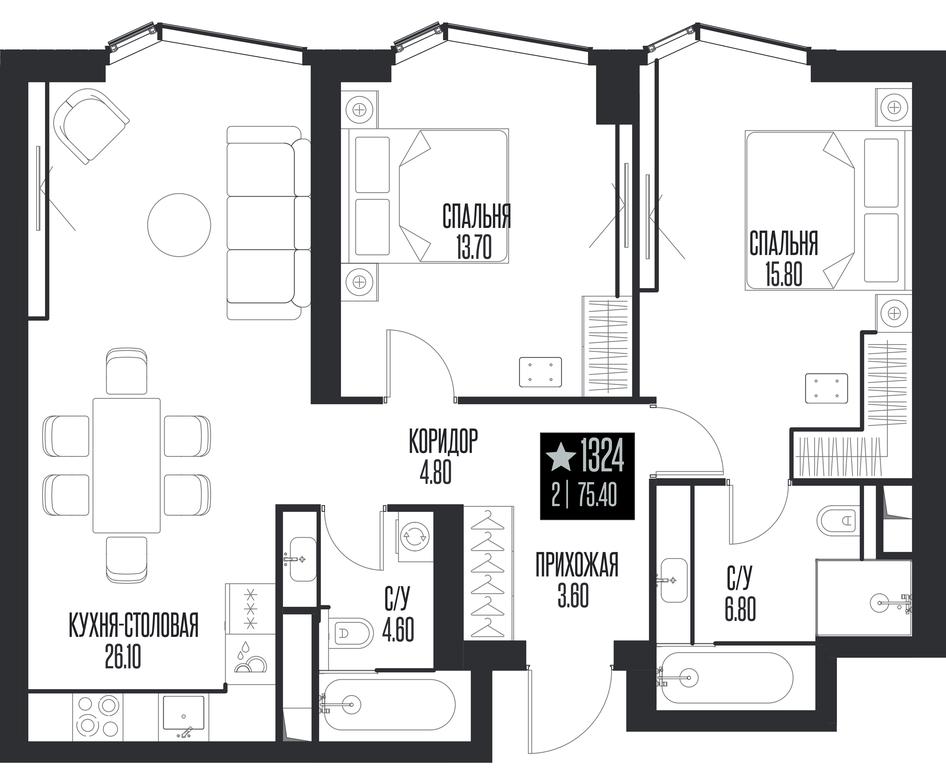 2-BD Apartment Sale, 75.4 sq. m. at Ice Towers, State Nature Reserve of Regional Significance Forest on the Samorodinka River, Moscow, Russia #1