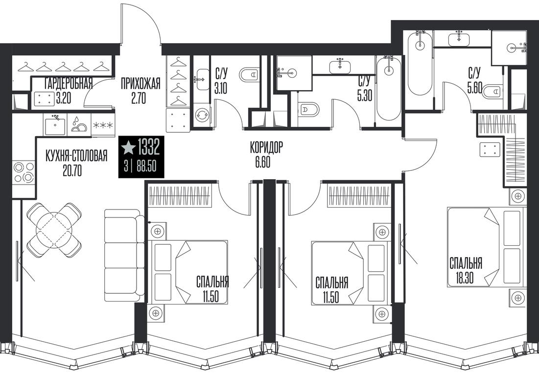 3-BD Apartment Sale, 88.5平方米 at Ice Towers, State Nature Reserve of Regional Significance Forest on the Samorodinka River, Moscow, Russia #1
