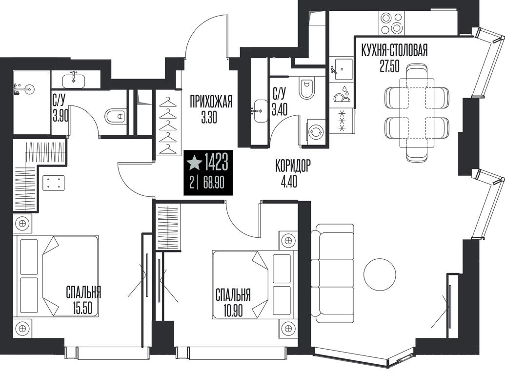 2-BD Apartment Sale, 68.9平方米 at Ice Towers, State Nature Reserve of Regional Significance Forest on the Samorodinka River, Moscow, Russia #1