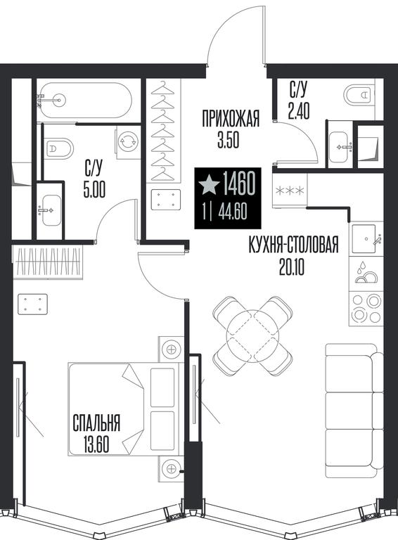 1-BD Apartment Sale, 44.6平方米 at Ice Towers, State Nature Reserve of Regional Significance Forest on the Samorodinka River, Moscow, Russia #1
