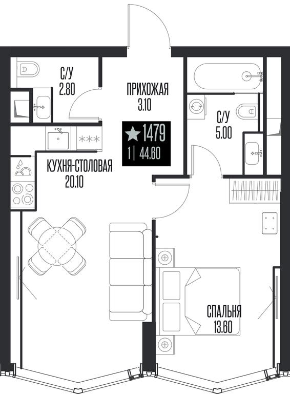1-BD Apartment Sale, 44.6 sq. m. at Ice Towers, State Nature Reserve of Regional Significance Forest on the Samorodinka River, Moscow, Russia #1
