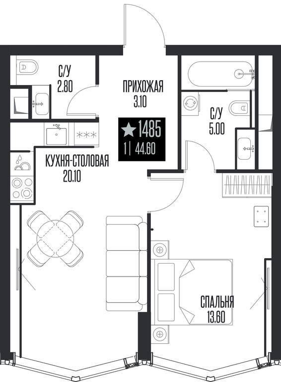 1-BD Apartment Sale, 44.6 sq. m. at Ice Towers, State Nature Reserve of Regional Significance Forest on the Samorodinka River, Moscow, Russia #1