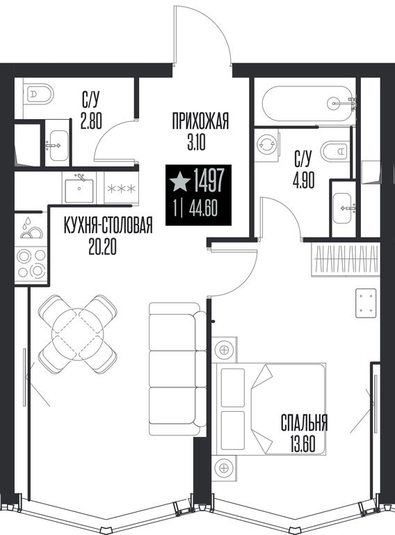 1-BD Apartment Sale, 44.6 sq. m. at Ice Towers, State Nature Reserve of Regional Significance Forest on the Samorodinka River, Moscow, Russia #1