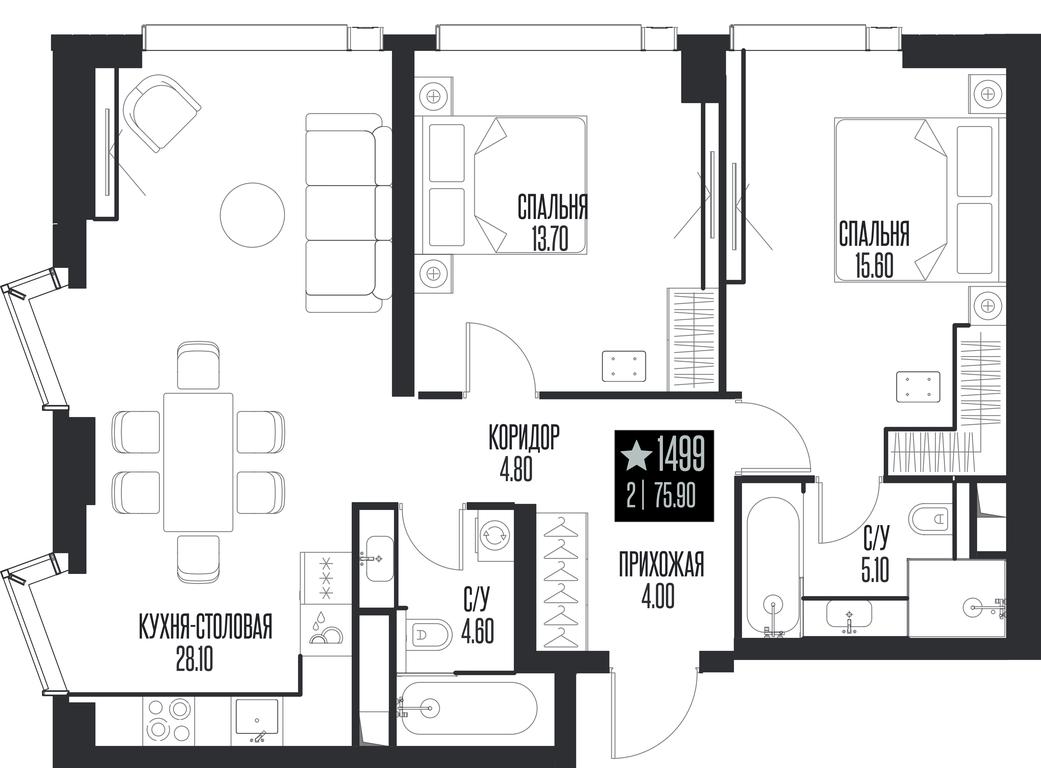 2-BD Apartment Sale, 75.9 sq. m. at Ice Towers, State Nature Reserve of Regional Significance Forest on the Samorodinka River, Moscow, Russia #1