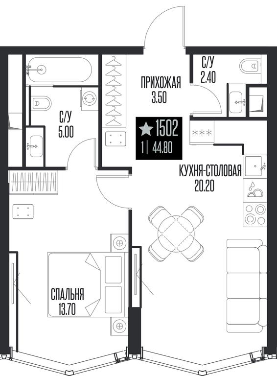 1-BD Apartment Sale, 44.8 sq. m. at Ice Towers, State Nature Reserve of Regional Significance Forest on the Samorodinka River, Moscow, Russia #1