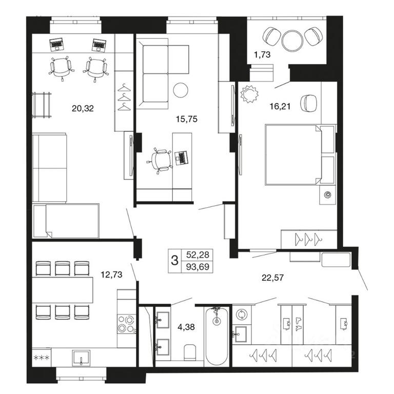 2-BD Apartment Sale, 93.69 sq. m. at Vremena goda, Proletarskaya ulitsa, Aprelevka, Naro-Fominskiy City District, Moscow Region, Russia #1
