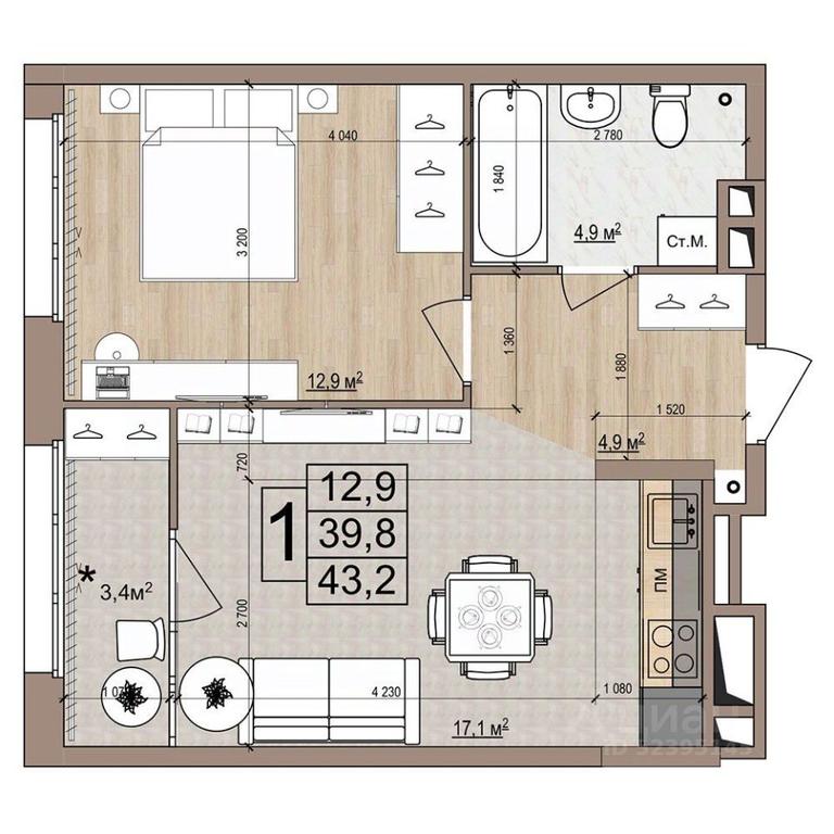 Apartment Sale, 43.2 sq. m. at Grand Komfort, Gudkova Street, Zhukovsky, Moscow Region, Russia #1