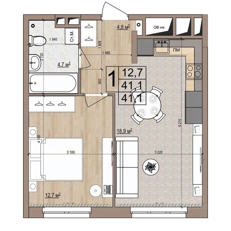 Apartment Sale, 41.1 sq. m. at Grand Komfort, Gudkova Street, Zhukovsky, Moscow Region, Russia #1